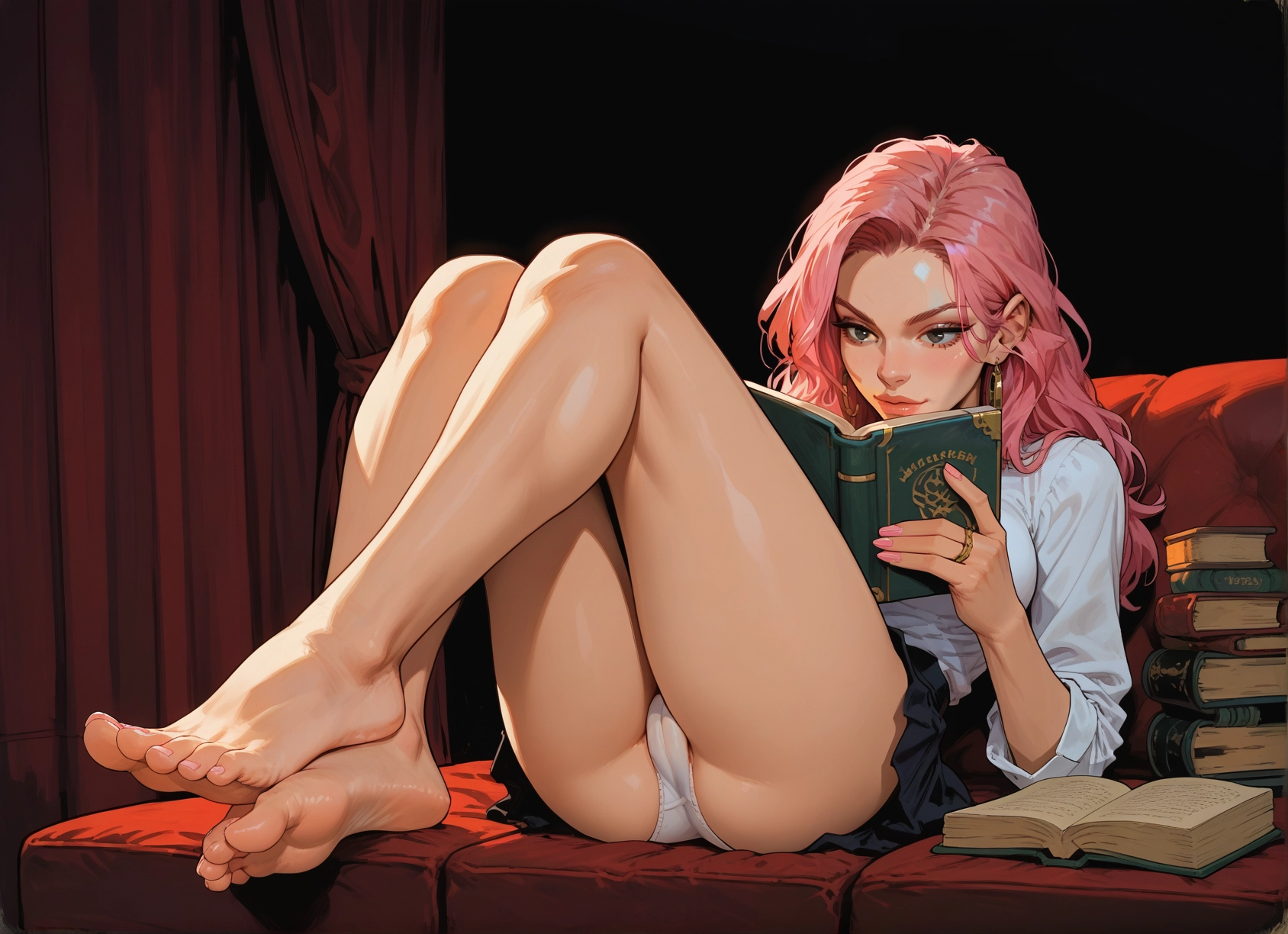 1girl, underwear, panties, barefoot, pink hair, feet · Yamete.gg
