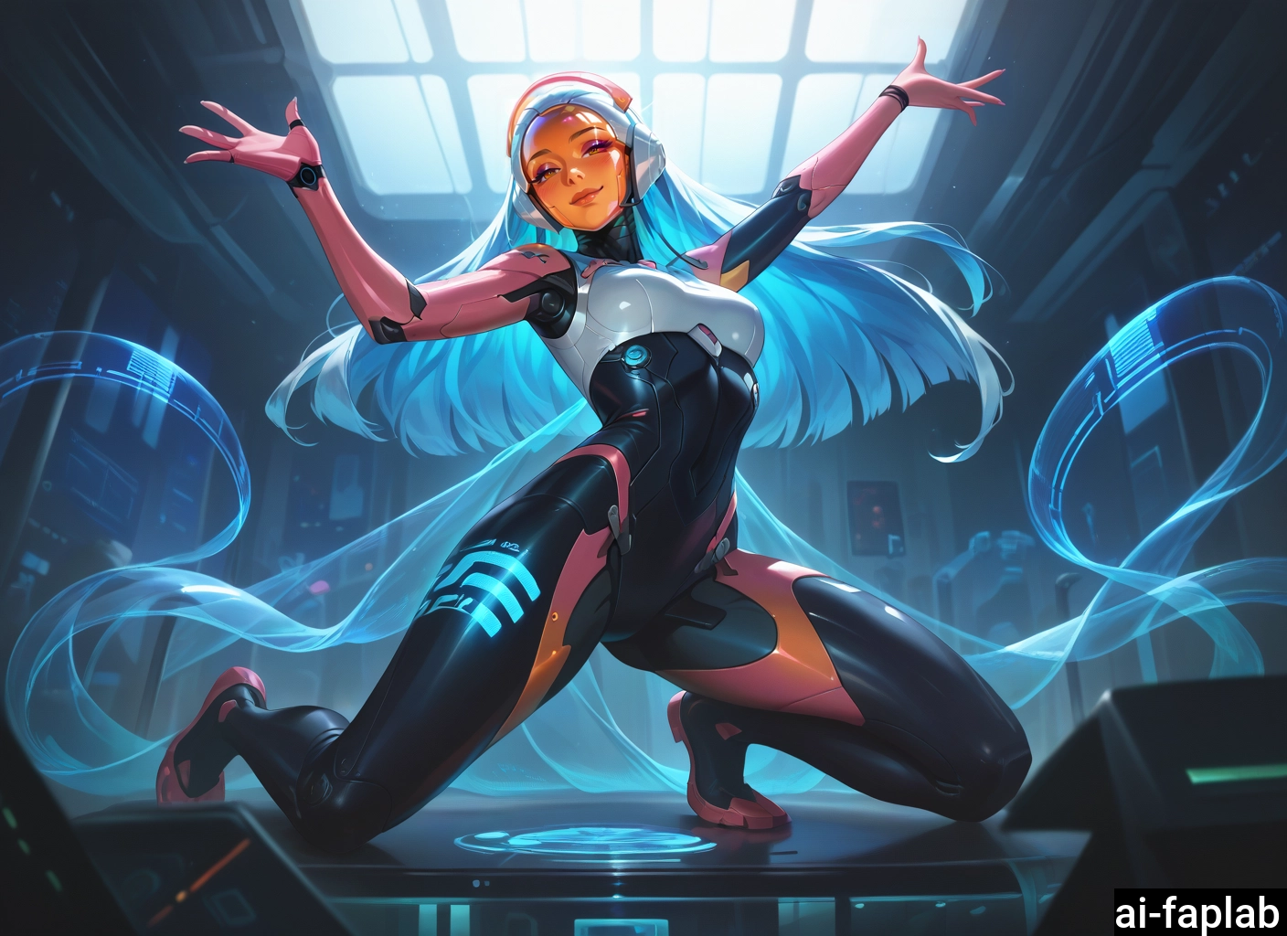 1girl, solo, joints, long hair, blue hair, android