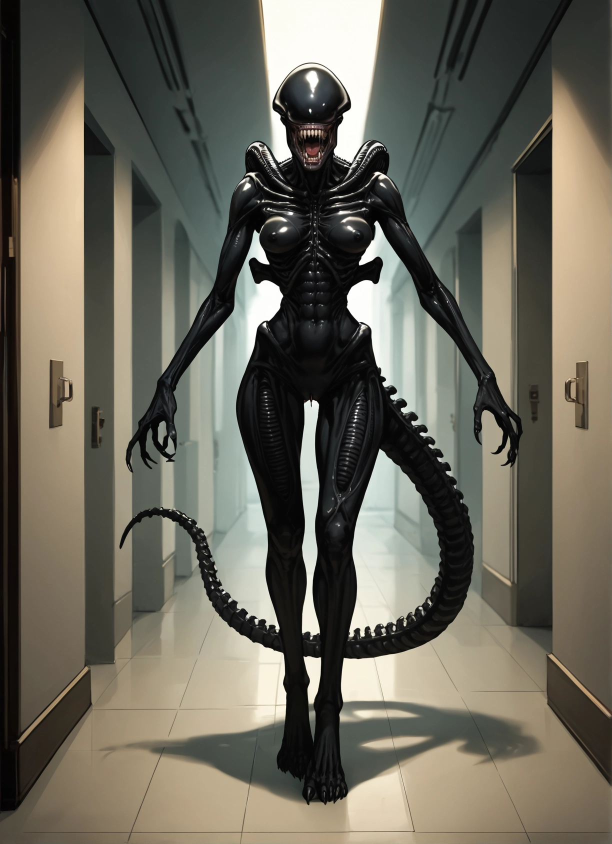 1girl, tail, solo, teeth, hallway, breasts · Yamete.gg