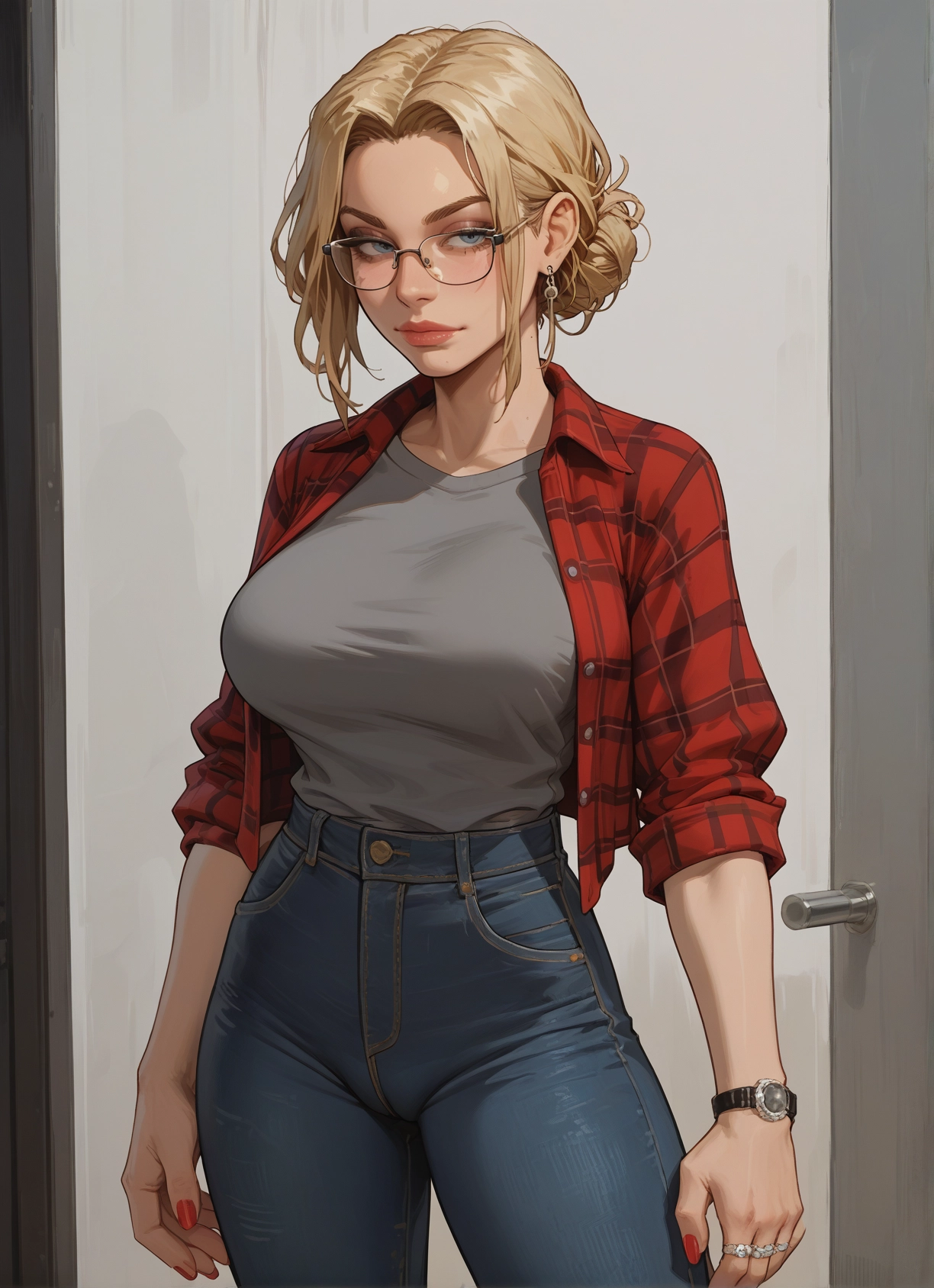 1girl, blonde hair, jewelry, breasts, pants, glasses · Yamete.gg