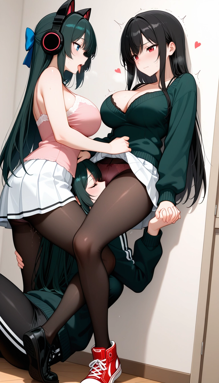 breasts, yuri, skirt, pantyhose, headphones, multiple girls · Yamete.gg