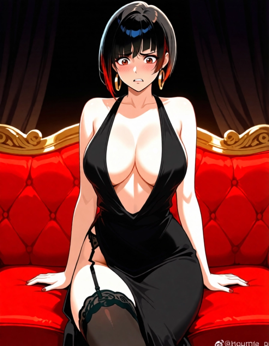 1girl, breasts, black hair, dress, jewelry, earrings · Yamete.gg