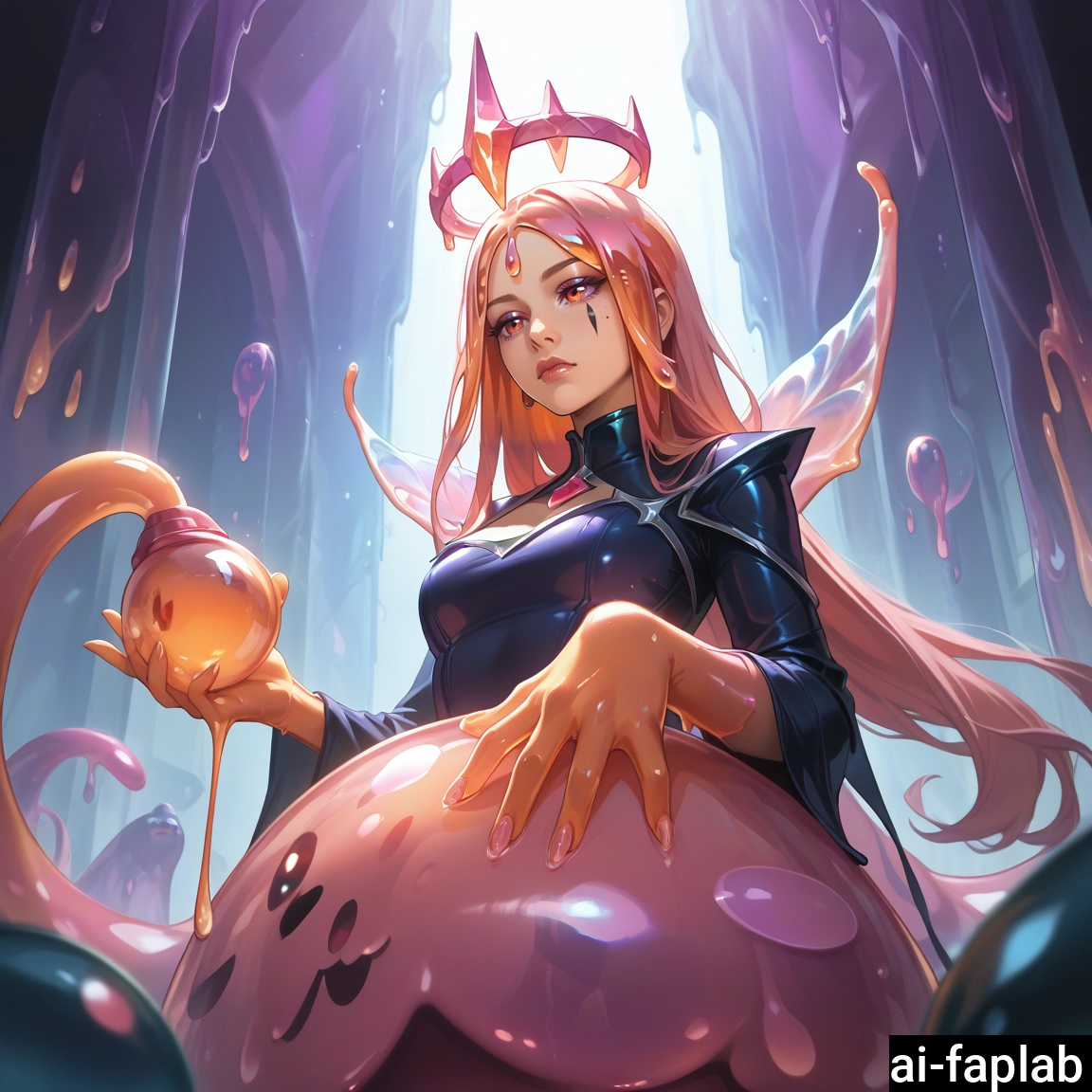 1girl, long hair, facial mark, slime (substance), solo, breasts · Yamete.gg