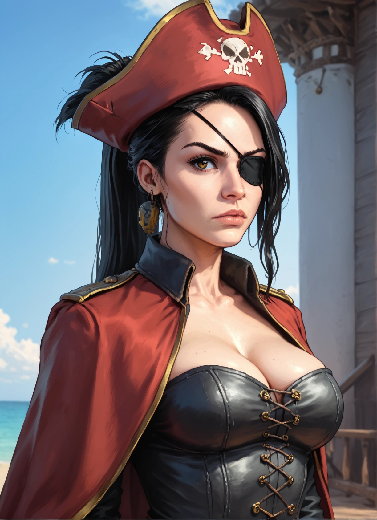 1girl, breasts, eyepatch, solo, hat, cleavage · Yamete.gg