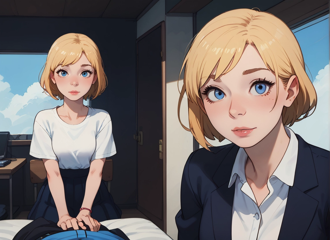 blonde hair, blue eyes, short hair, 1girl, shirt, looking at viewer