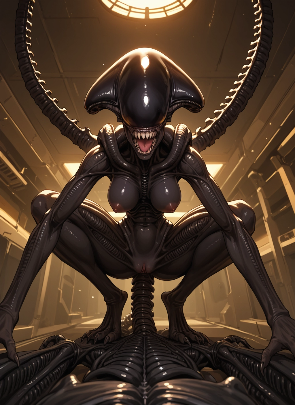 1girl, breasts, nipples, teeth, squatting, pussy · Yamete.gg