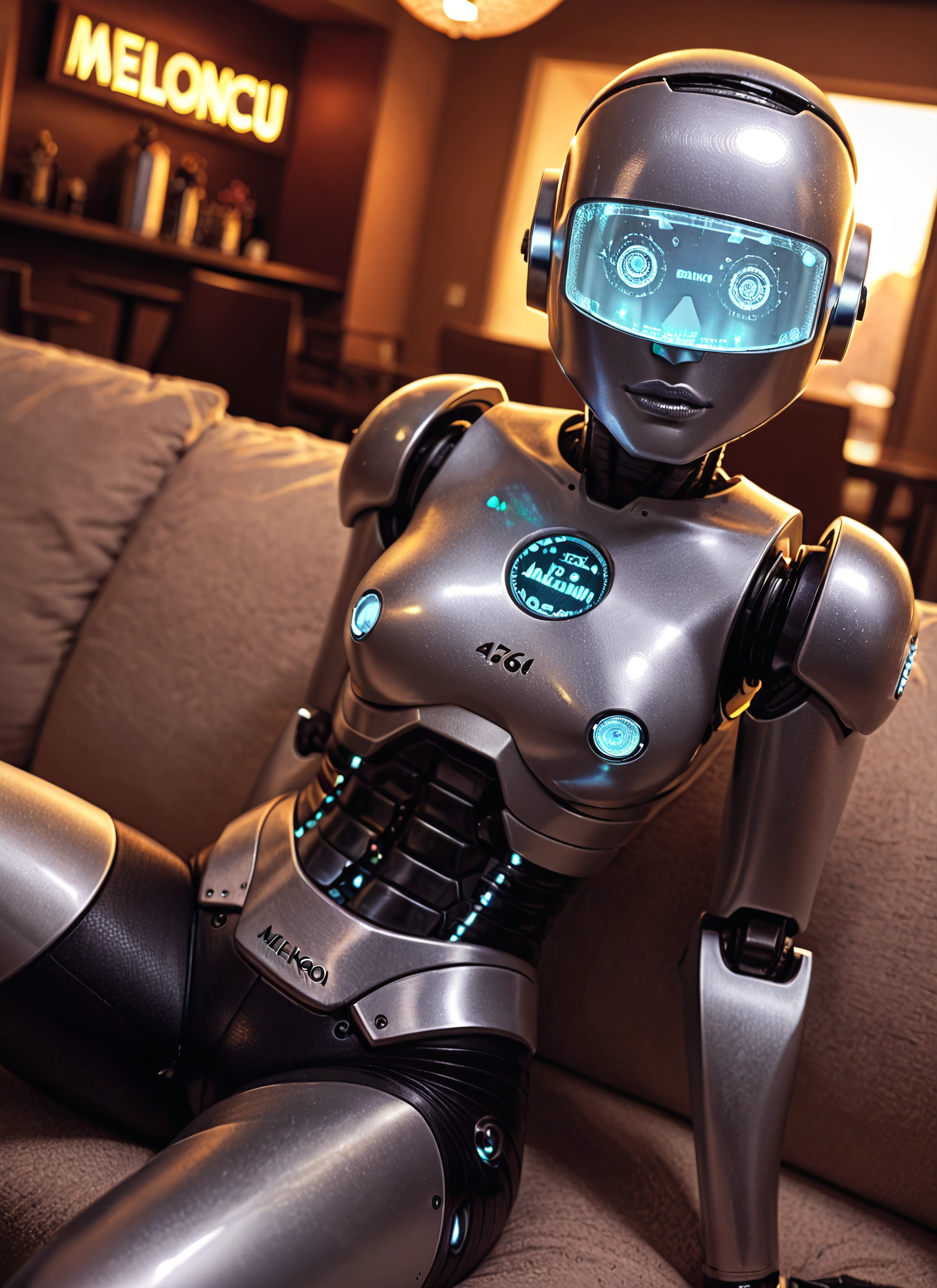 1girl, solo, sitting, visor, breasts, couch · Yamete.gg