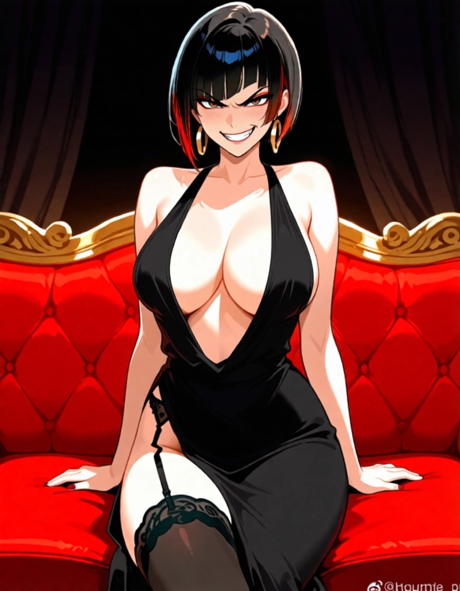 1girl, breasts, black hair, solo, dress, thighhighs · Yamete.gg