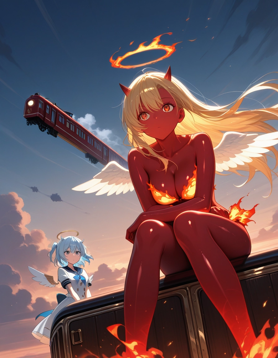 multiple girls, 2girls, breasts, blonde hair, wings, horns · Yamete.gg