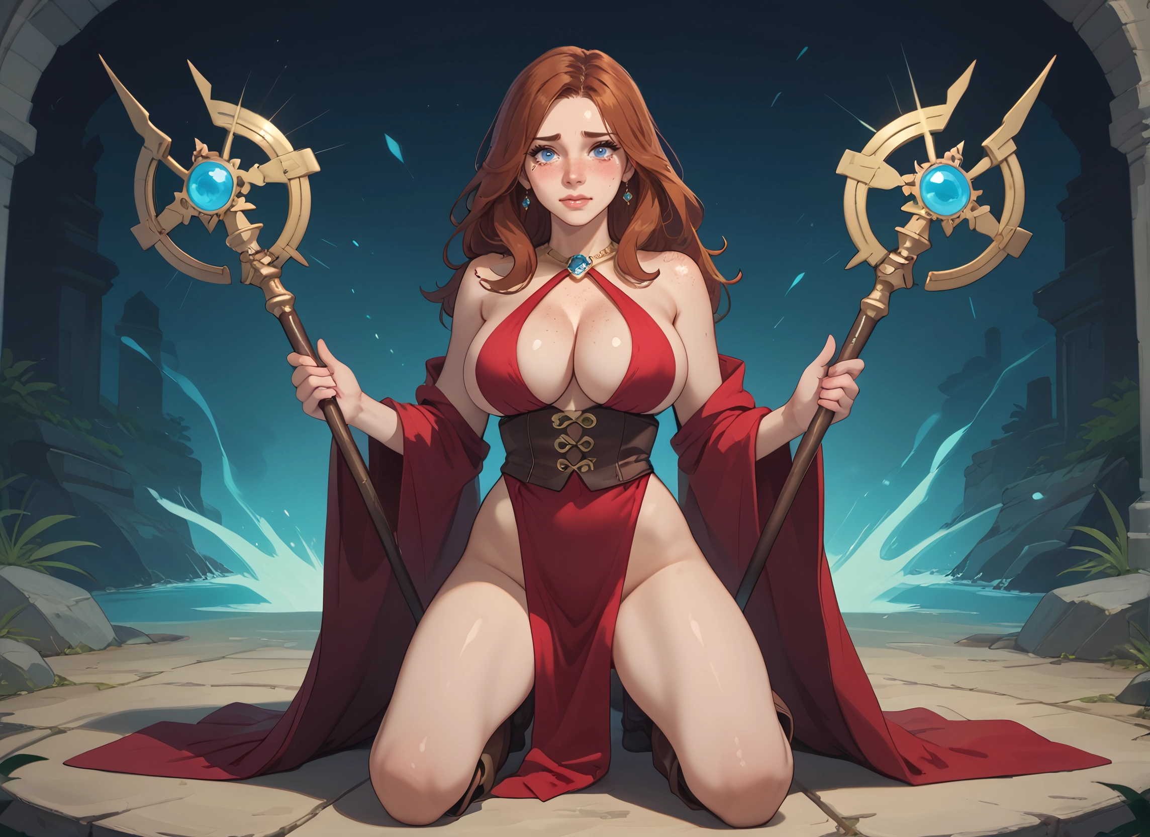 1girl, breasts, blue eyes, staff, large breasts, jewelry · Yamete.gg