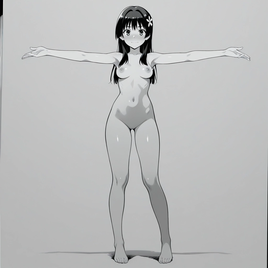1girl, completely nude, solo, nude, outstretched arms, monochrome · Yamete.gg