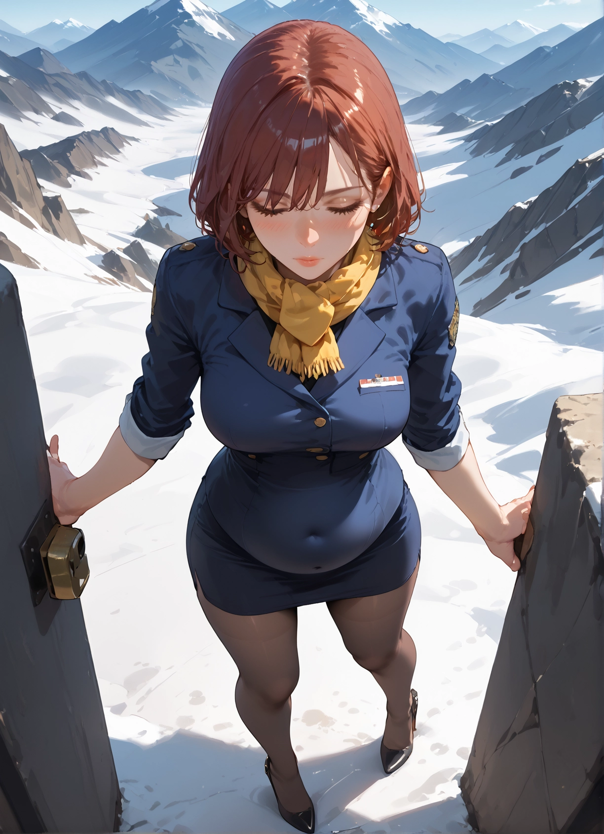 1girl, solo, skirt, pantyhose, scarf, closed eyes · Yamete.gg