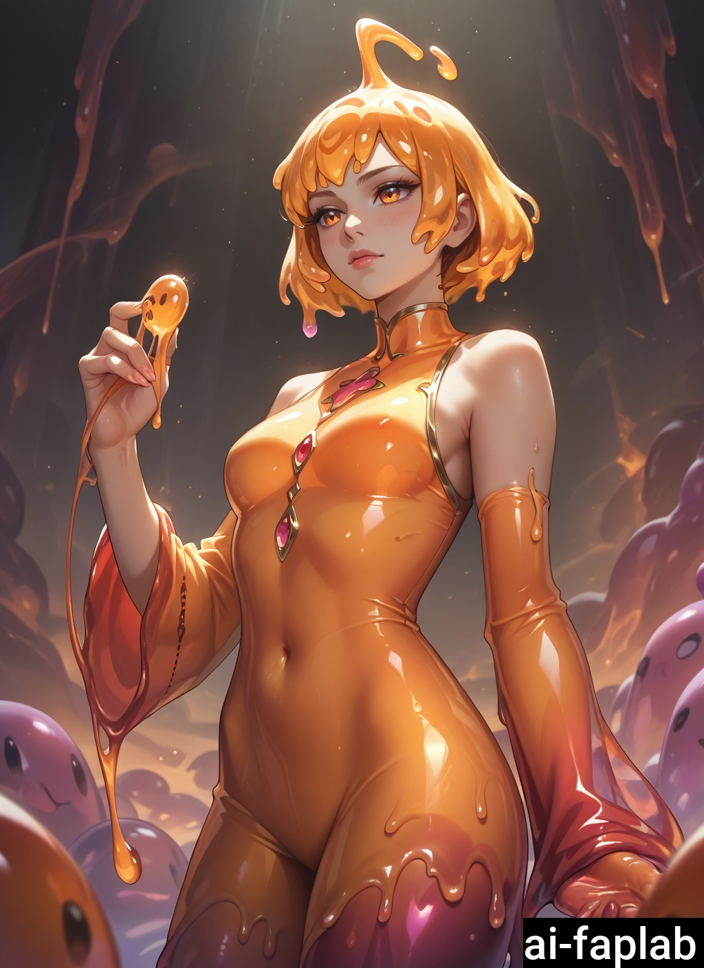 1girl, breasts, detached sleeves, short hair, orange eyes, covered navel · Yamete.gg
