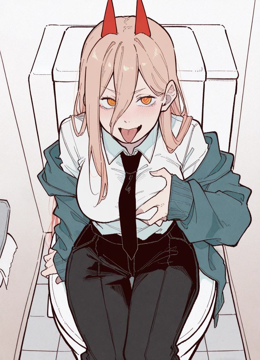 1girl, horns, tongue, necktie, tongue out, shirt · Yamete.gg