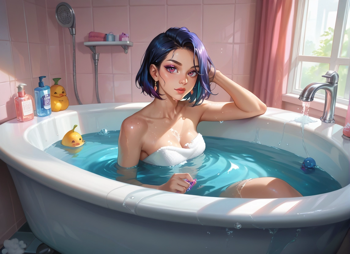 1girl, bathtub, breasts, rubber duck, towel, solo · Yamete.gg