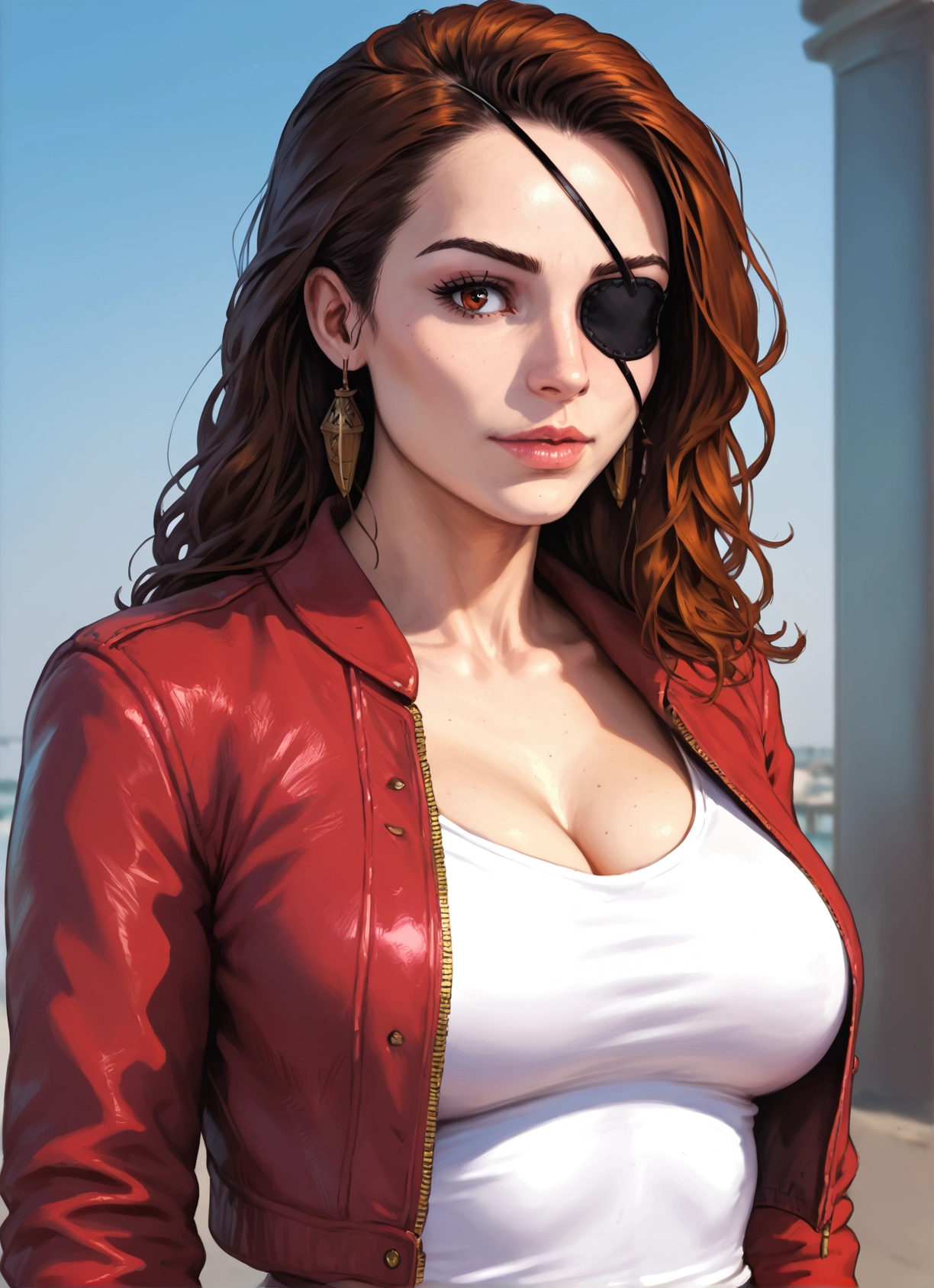 1girl, breasts, eyepatch, jewelry, earrings, cleavage