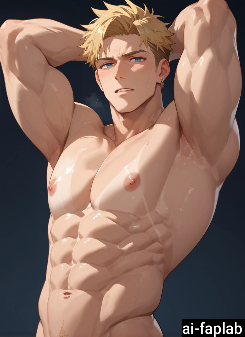 male focus, 1boy, solo, bara, nipples, blonde hair