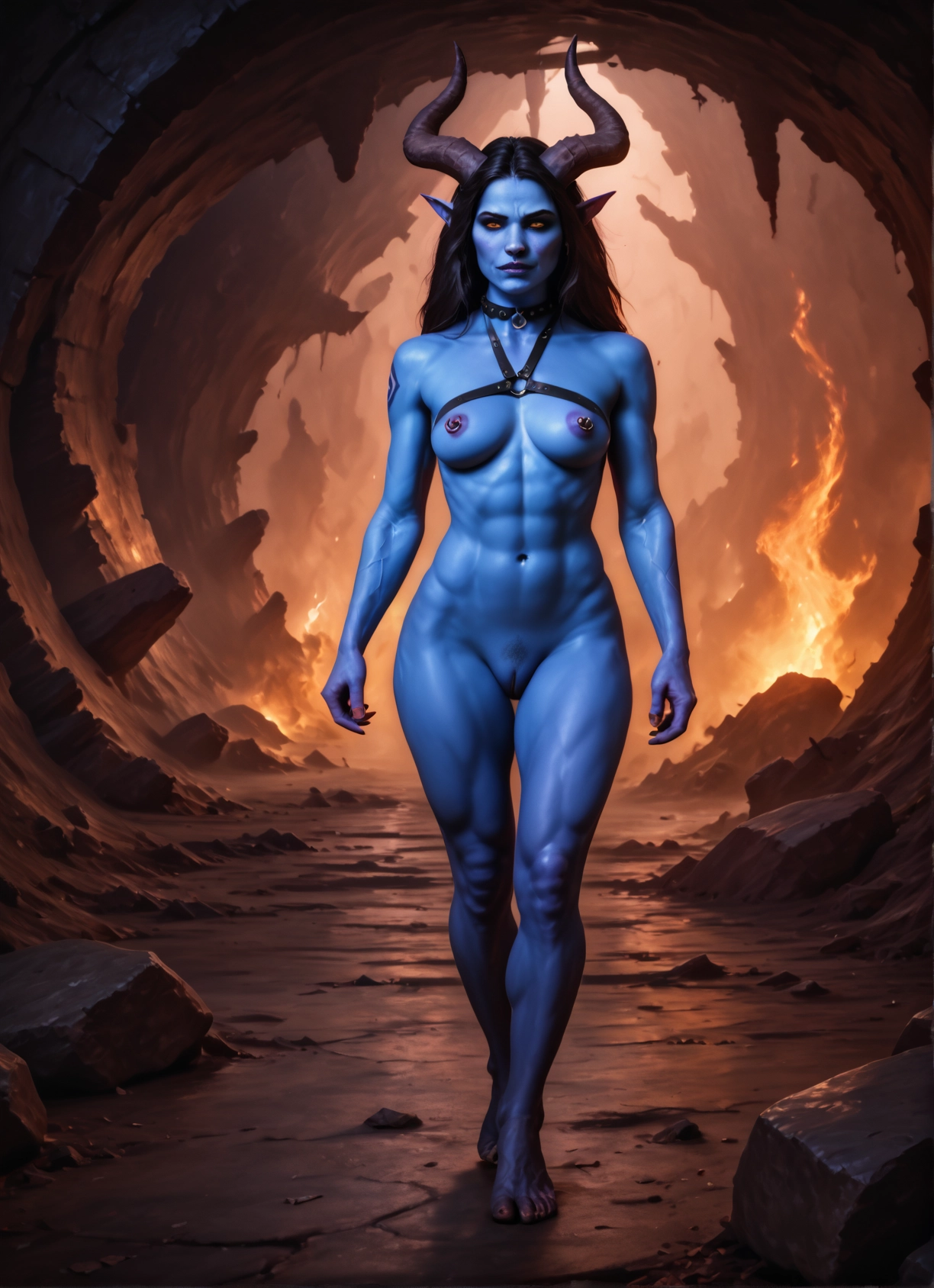 1girl, solo, horns, nipple piercing, colored skin, piercing · Yamete.gg