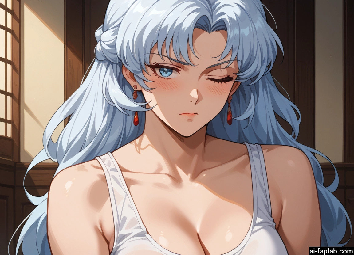 1girl, breasts, jewelry, earrings, one eye closed, solo