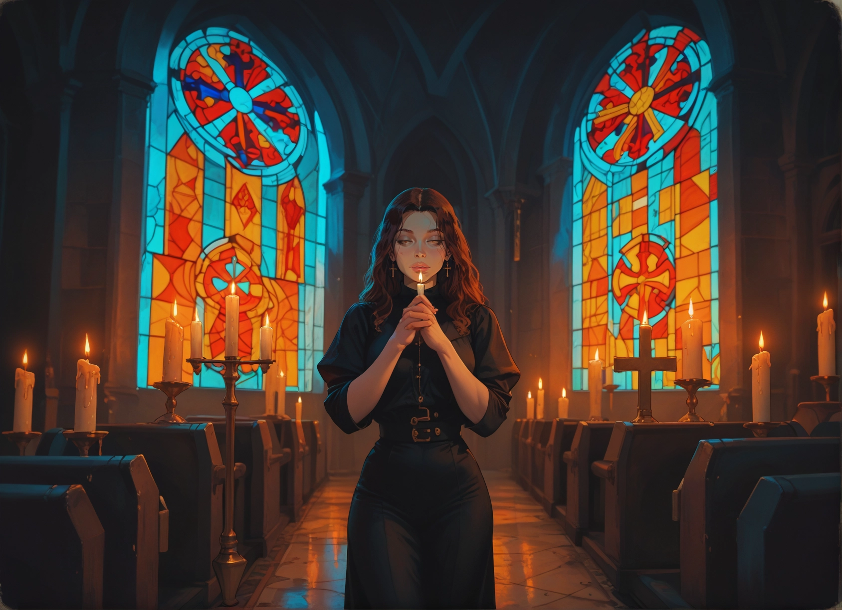1girl, solo, candle, jewelry, stained glass, long hair · Yamete.gg