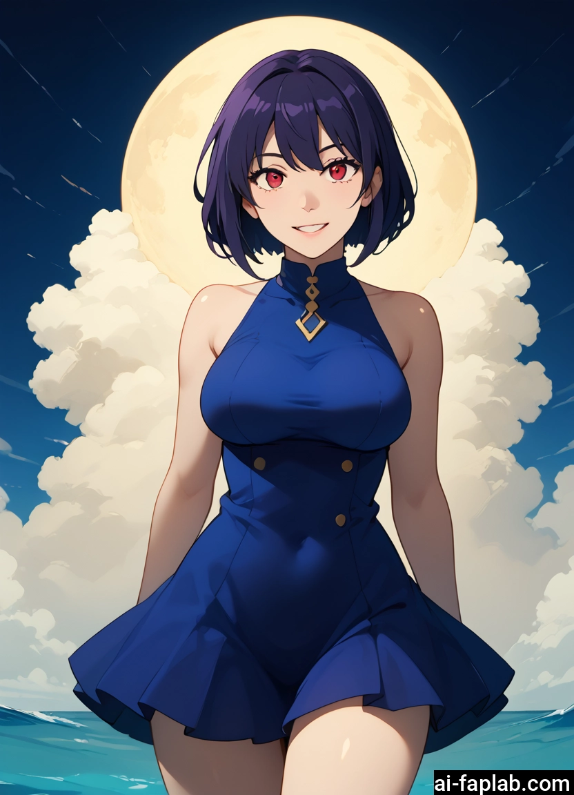 1girl, breasts, red eyes, dress, solo, smile