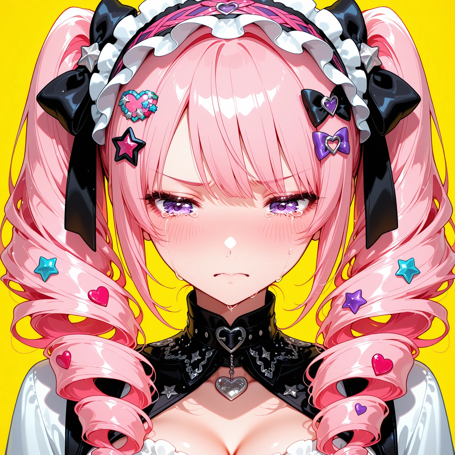 1girl, solo, pink hair, breasts, yellow background, drill hair · Yamete.gg
