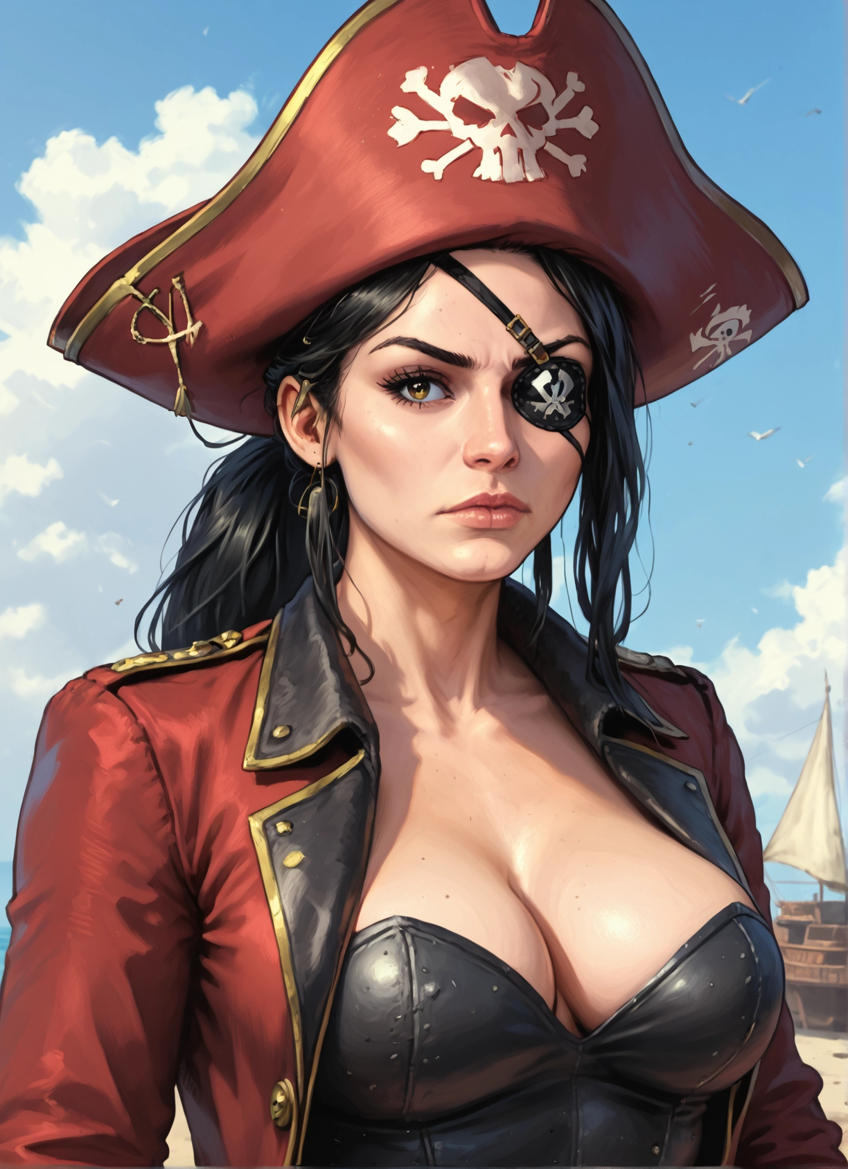 1girl, breasts, eyepatch, hat, cleavage, pirate hat
