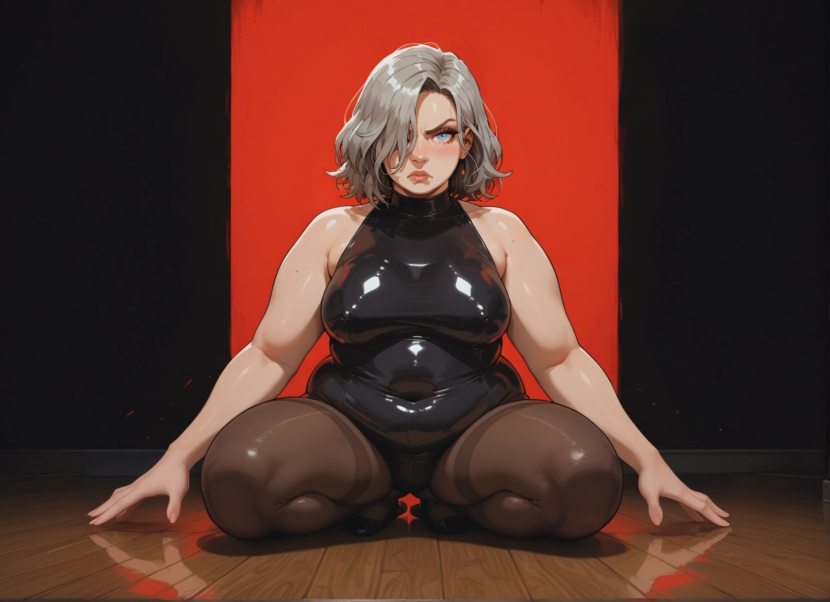1girl, pantyhose, breasts, hair over one eye, blue eyes, squatting · Yamete.gg
