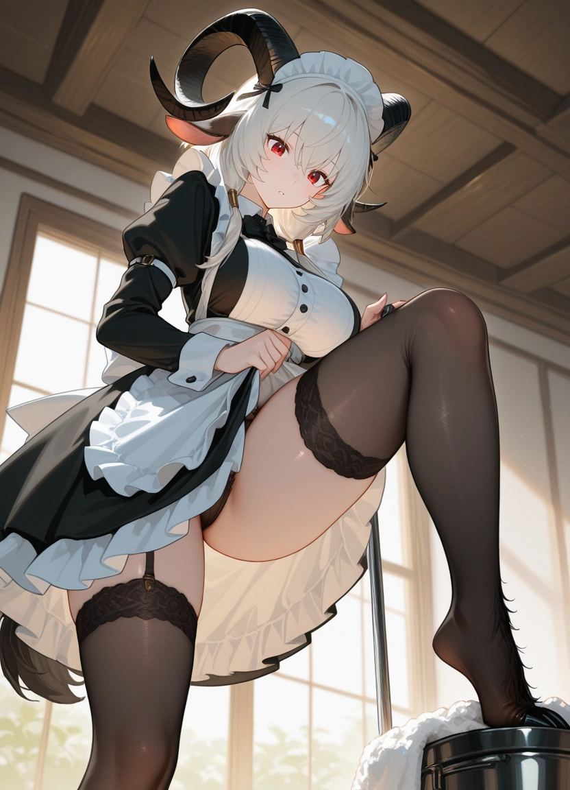1girl, thighhighs, horns, red eyes, solo, maid · Yamete.gg