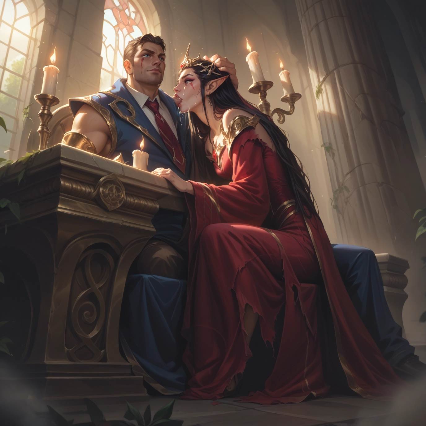 1girl, 1boy, pointy ears, dress, long hair, candle · Yamete.gg