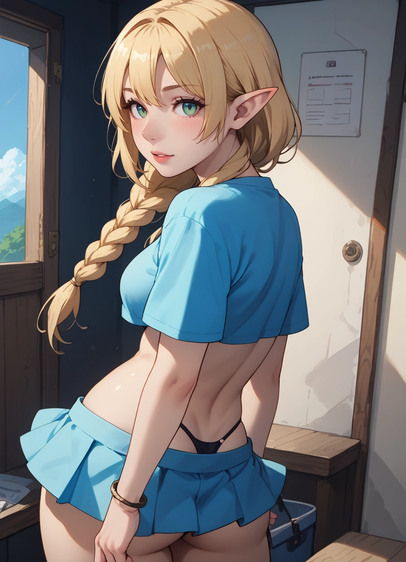 1girl, pointy ears, solo, blonde hair, skirt, braid · Yamete.gg