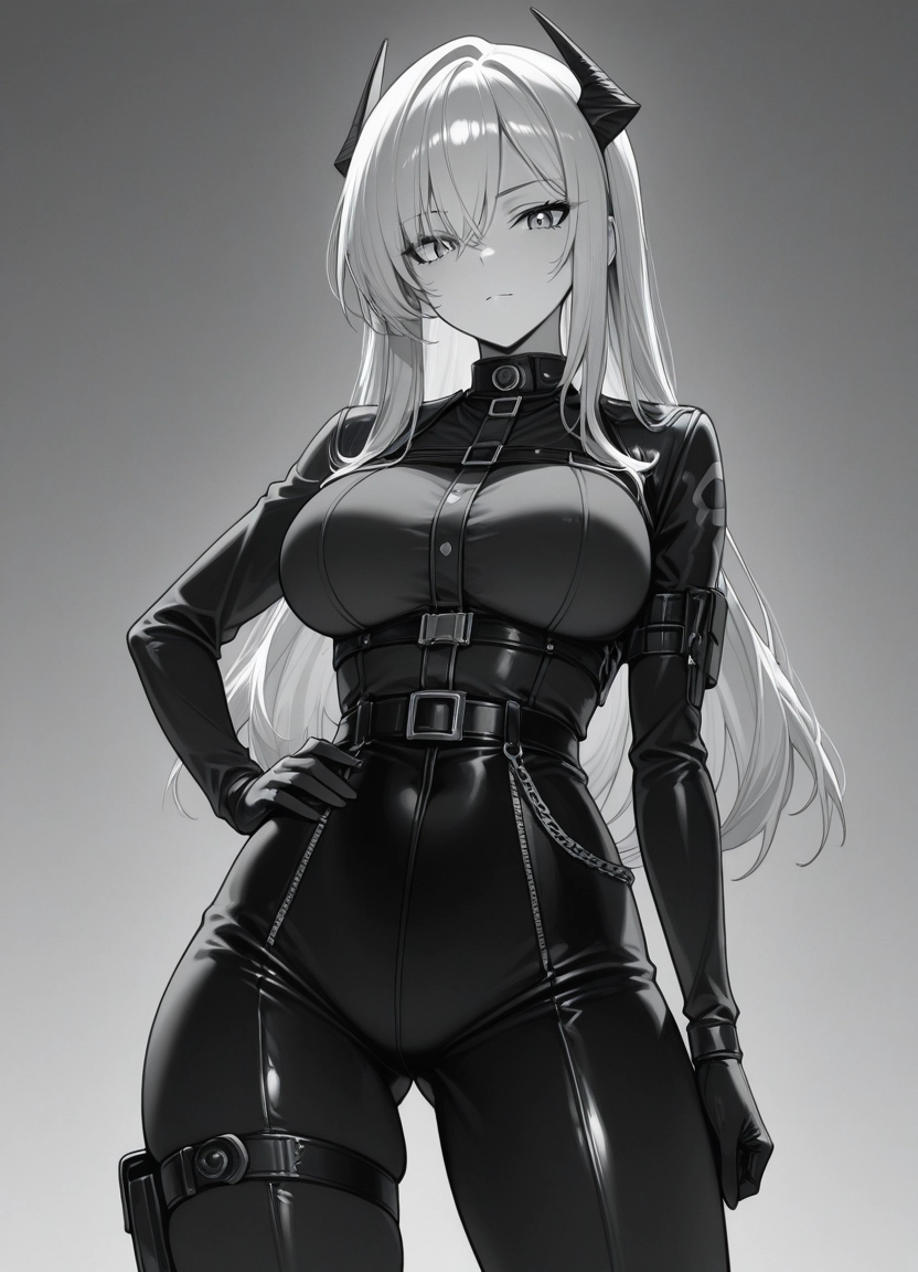 1girl, solo, breasts, long hair, monochrome, horns · Yamete.gg