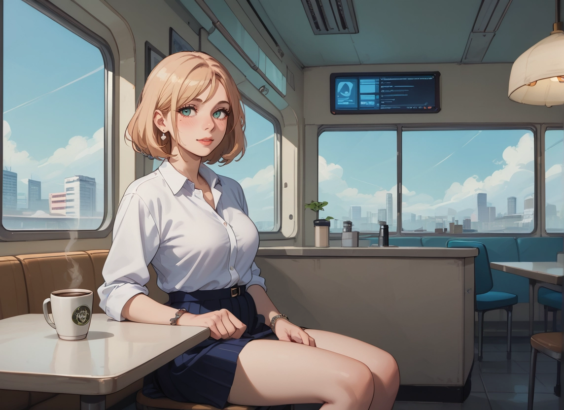 1girl, skirt, sitting, cup, solo, shirt · Yamete.gg
