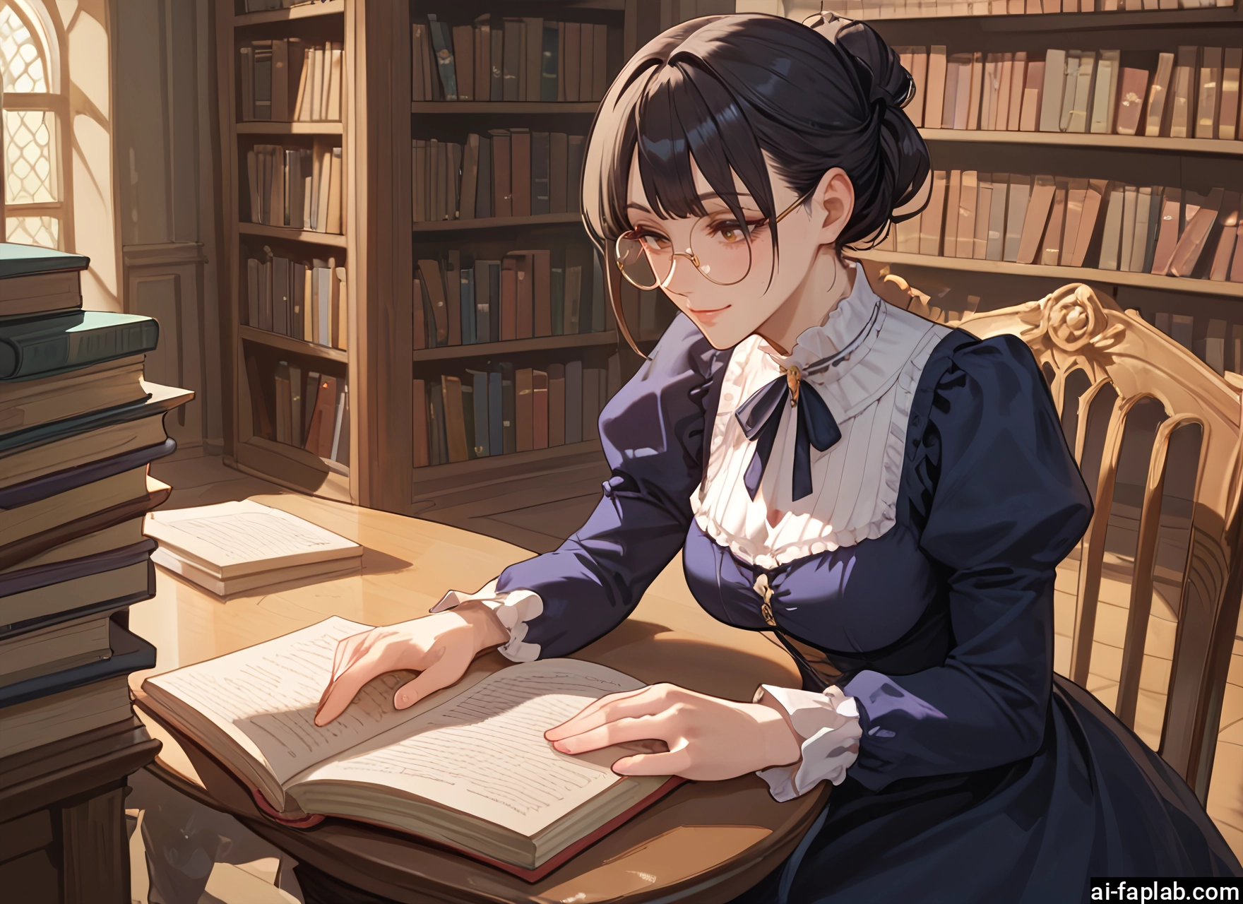 1girl, book, solo, glasses, dress, bookshelf · Yamete.gg