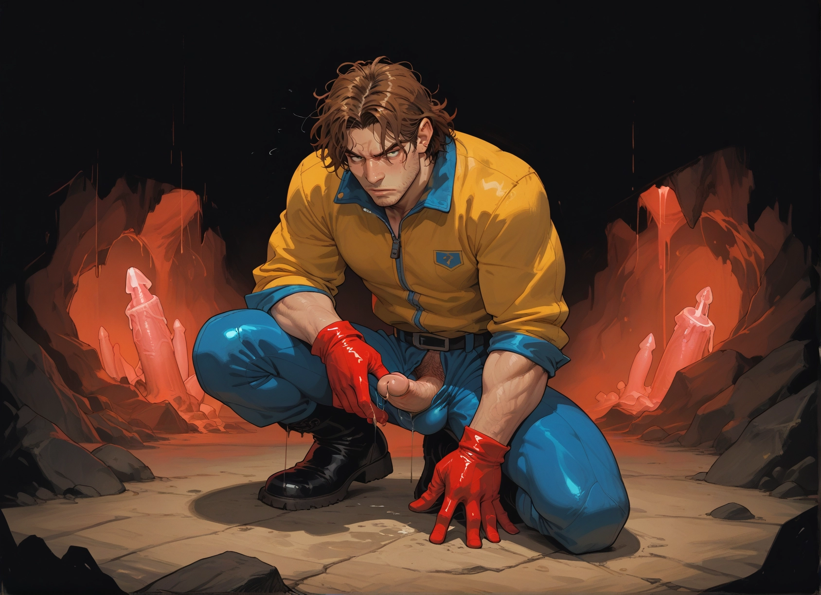male focus, 1boy, penis, gloves, solo, muscular · Yamete.gg