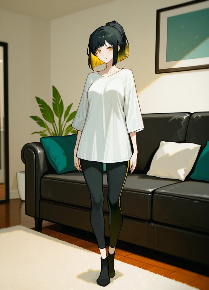 1girl, solo, couch, blonde hair, shirt, black hair · Yamete.gg