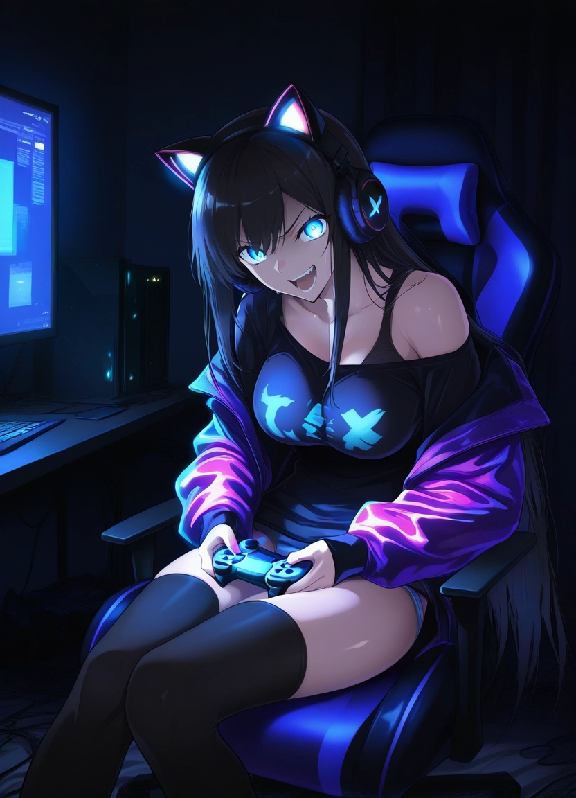 1girl, animal ear headphones, headphones, cat ear headphones, solo, long hair