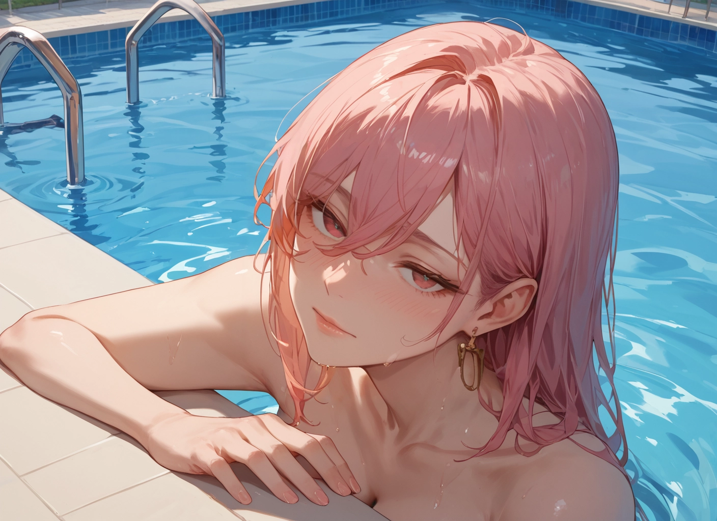 1girl, jewelry, solo, earrings, pink hair, pool · Yamete.gg