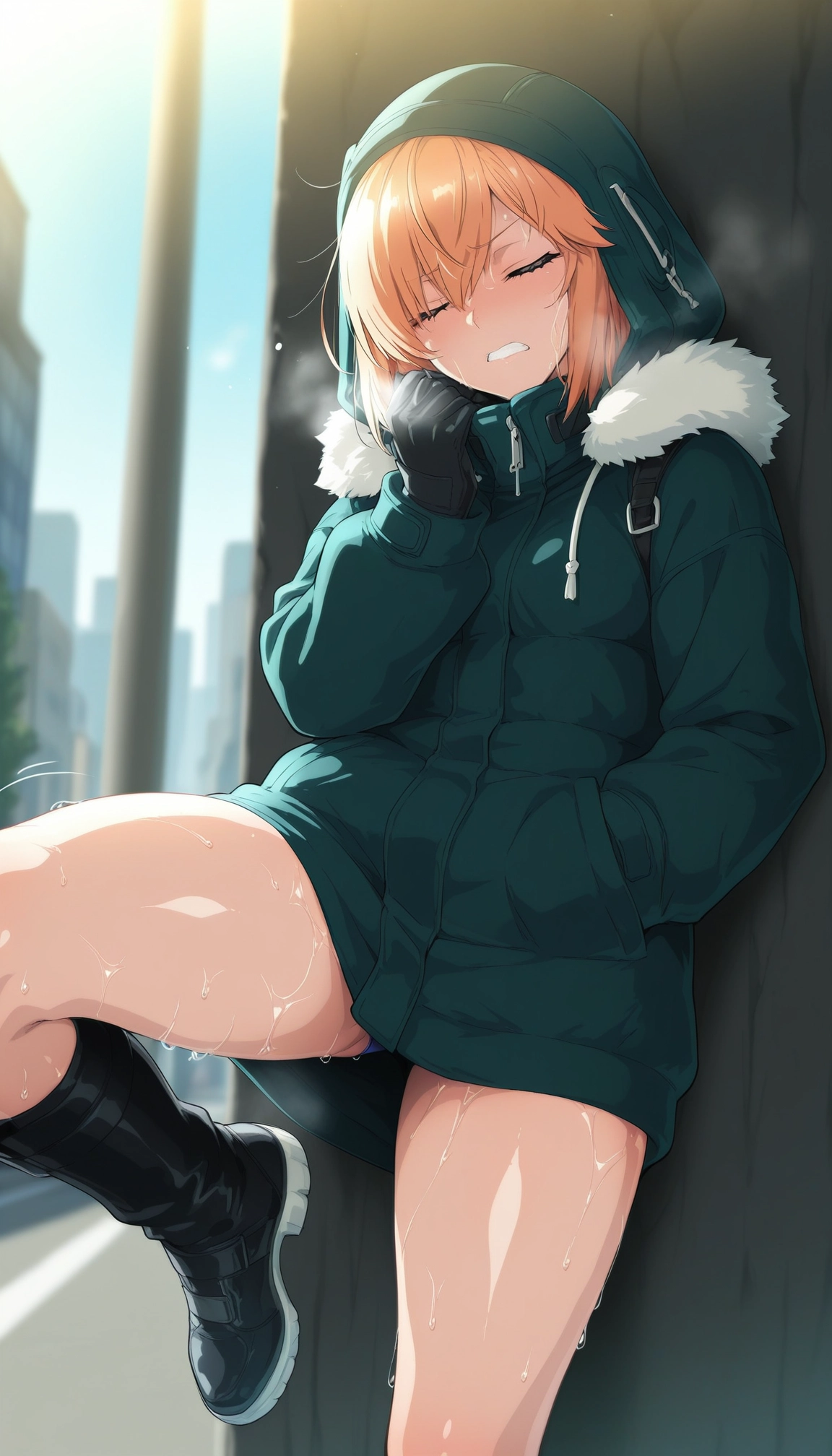1girl, yuuki haru, solo, orange hair, hood, closed eyes · Yamete.gg