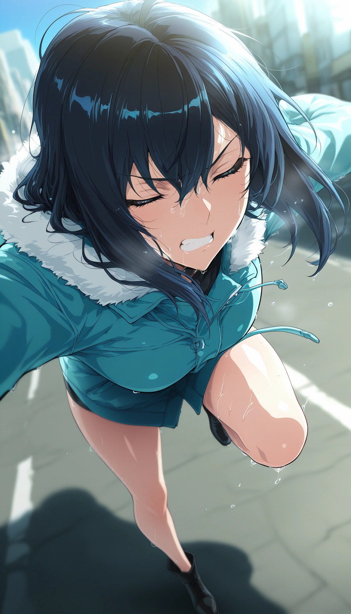 1girl, solo, closed eyes, black hair, sweat, clenched teeth · Yamete.gg