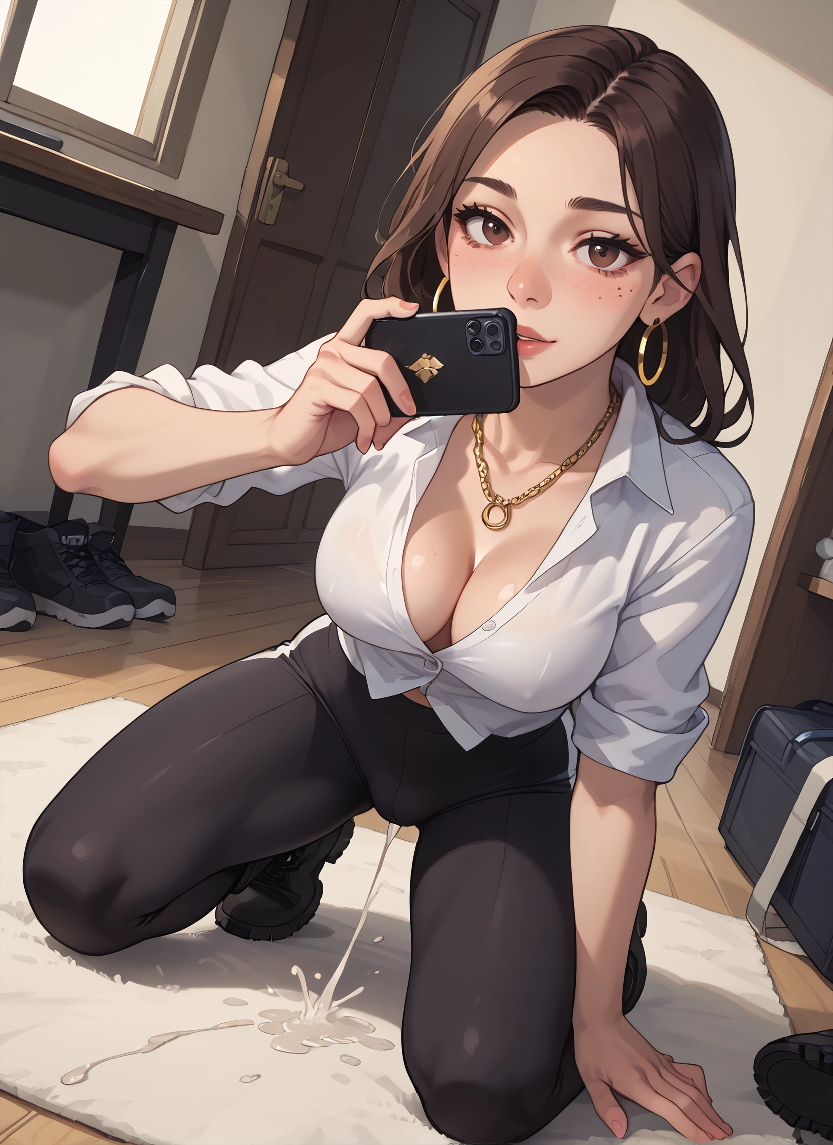 1girl, breasts, phone, jewelry, brown hair, earrings · Yamete.gg