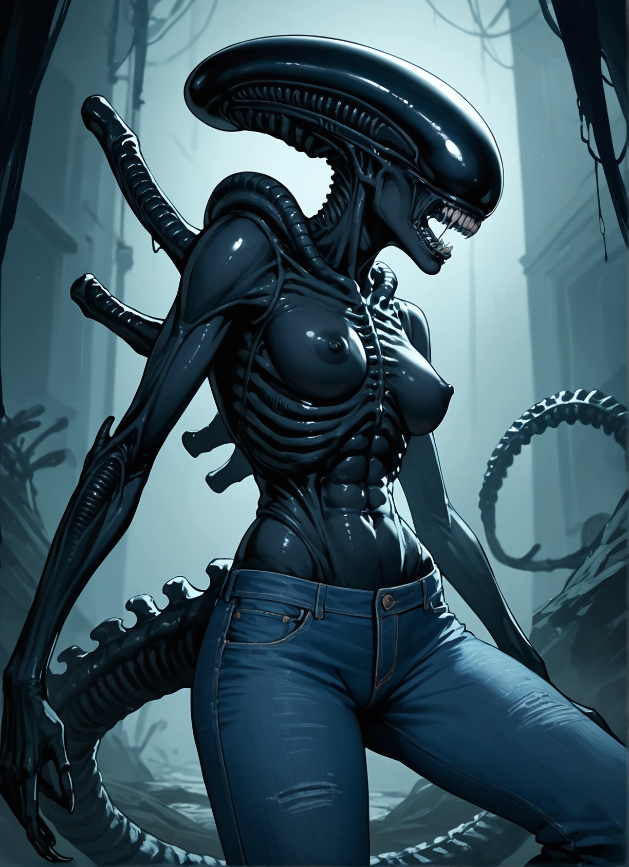 1girl, pants, breasts, denim, jeans, nipples · Yamete.gg