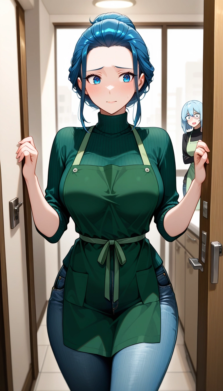 denim, multiple girls, apron, jeans, pants, blue eyes · Yamete.gg