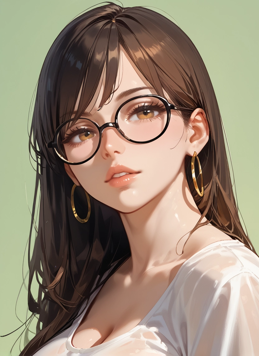 1girl, breasts, jewelry, glasses, brown hair, solo · Yamete.gg