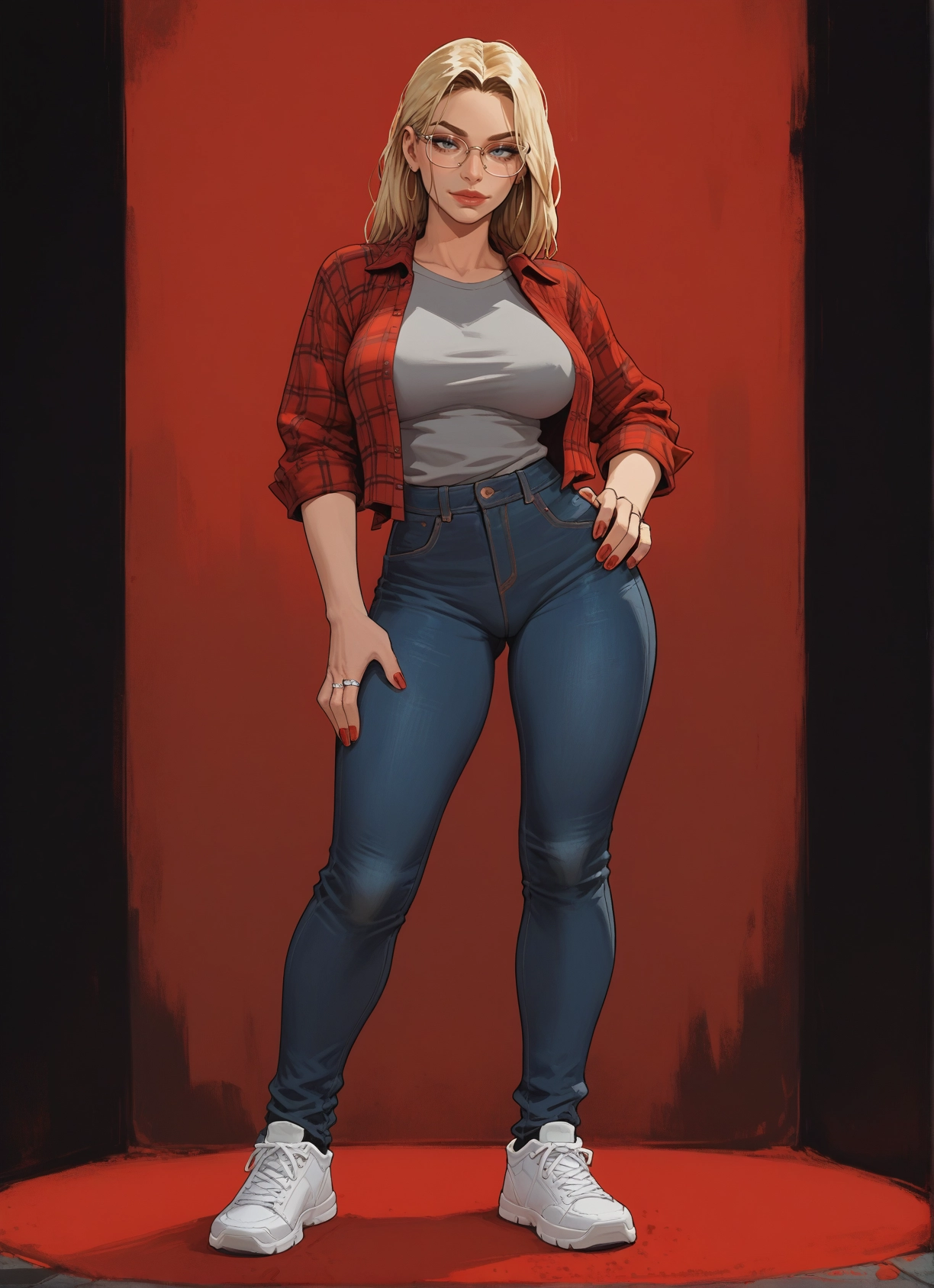 1girl, blonde hair, breasts, pants, jewelry, glasses · Yamete.gg