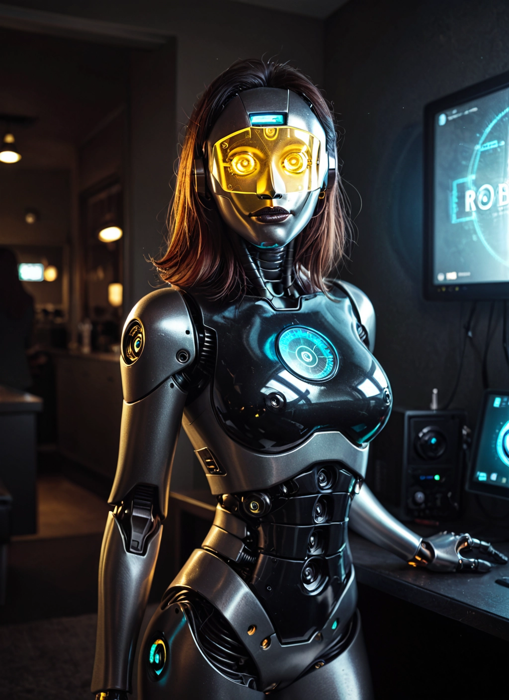 1girl, solo, glowing, science fiction, breasts, cyborg