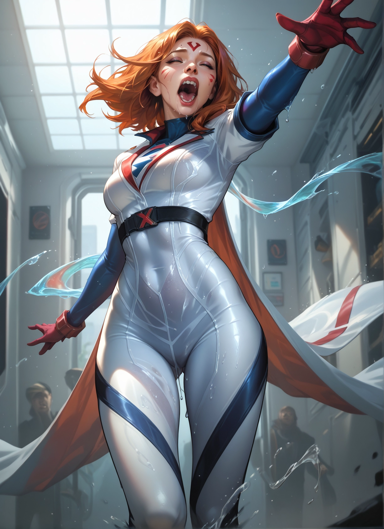 1girl, open mouth, gloves, bodysuit, wet, closed eyes · Yamete.gg