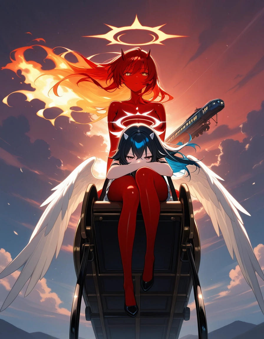 wings, halo, multiple girls, 2girls, horns, long hair · Yamete.gg