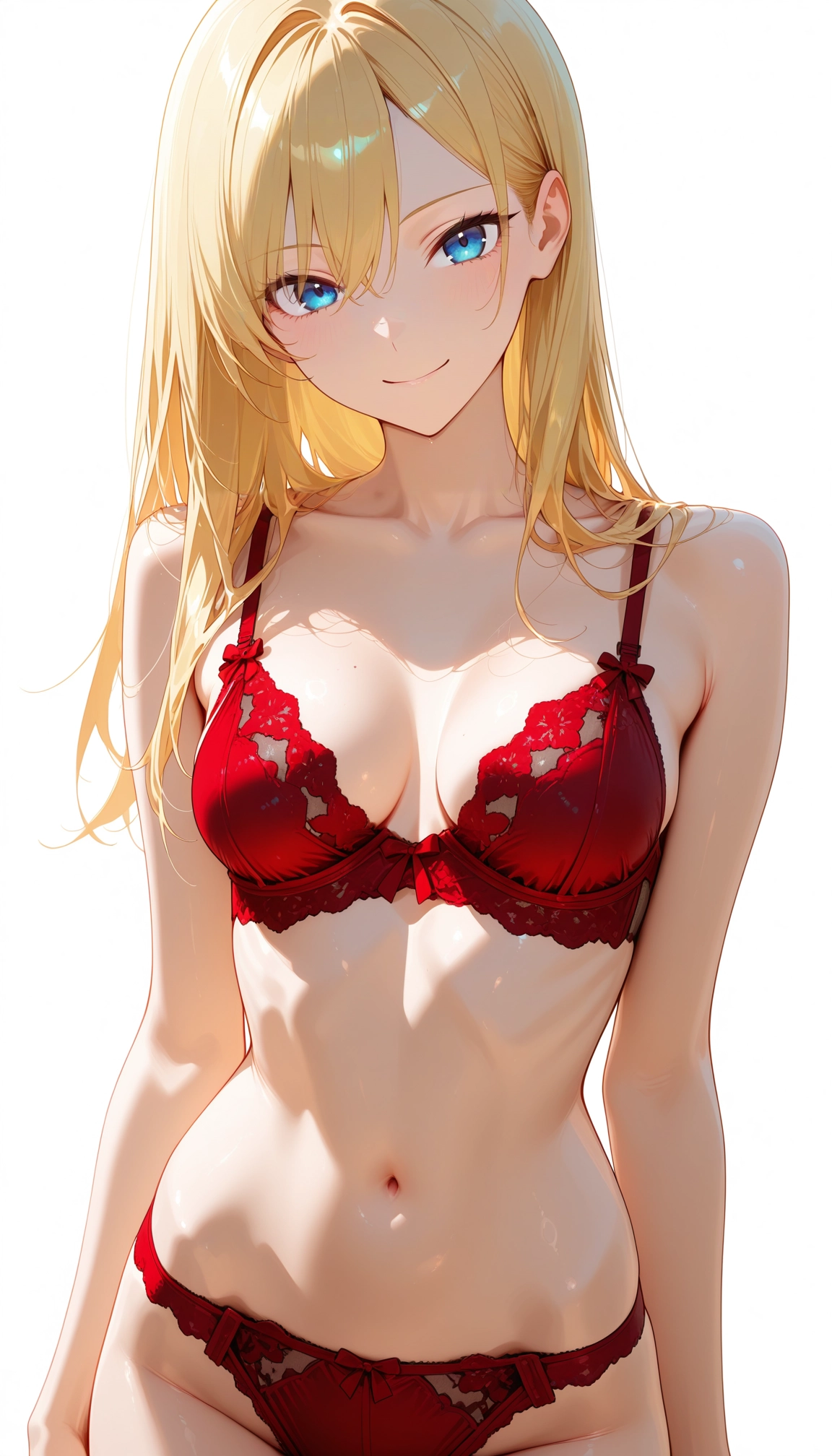1girl, solo, breasts, blonde hair, underwear, red panties · Yamete.gg