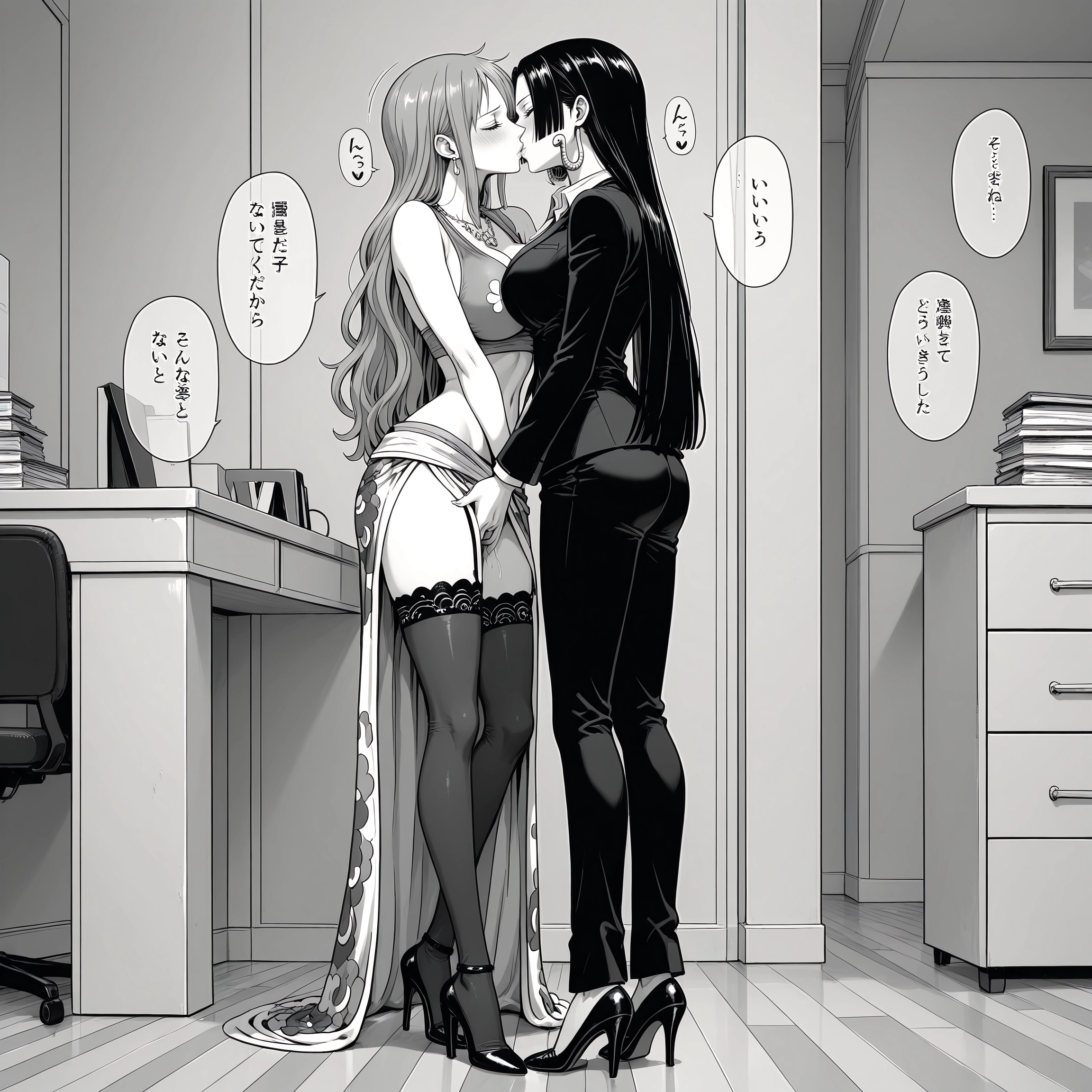 monochrome, greyscale, multiple girls, 2girls, yuri, kiss · Yamete.gg